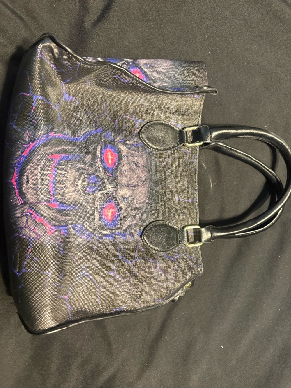 Black Skull Graphic Tote Bag with Neon Purple-Pink Accents